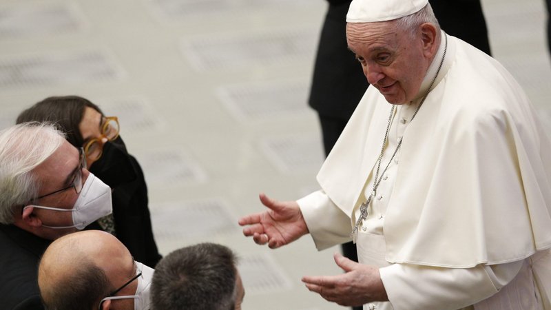 Pope Francis greets people during his general audience in the Paul VI hall at the Vatican Jan. 12, 2022. (CNS photo/Paul Haring)