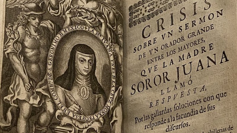 A rare edition of a book written by a Catholic poet, philosopher and nun known as "Sor Juana Ines de la Cruz" is seen on display at the New York Public Library Dec. 29, 2021. It is part of a "Treasures" collection offering the public a glance at some of the library's rarely seen gems, including a ballet slipper designed by Coco Chanel, Virginia Woolf's walking stick and a desk that once belonged to Charles Dickens. (CNS photo/Rhina Guidos)