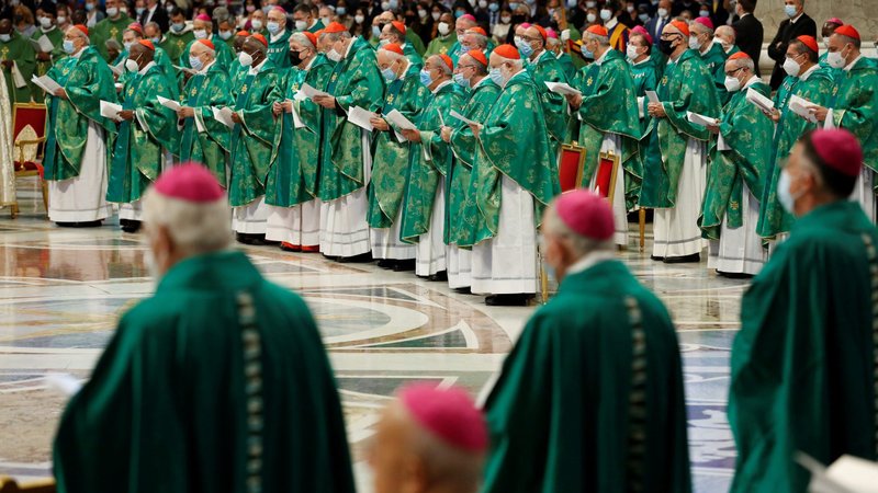Cardinals and bishops attend Pope Francis' celebration of a Mass in St. Peter's Basilica at the Vatican Oct. 10, 2021, to open the process that will lead up to the assembly of the world Synod of Bishops in 2023. (CNS photo/Remo Casilli, Reuters)