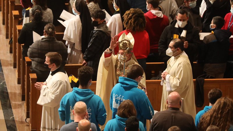 Baltimore Archbishop William E. Lori, chairman of the U.S. bishops' Committee on Pro-Life Activities, blesses pro-life advocates at the opening Mass of the National Prayer Vigil for Life Jan. 20, 2022, at the Basilica of the National Shrine of the Immaculate Conception in Washington. (CNS photo/Bob Roller)