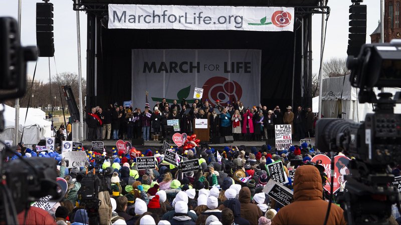 Jeanne Mancini, president of March for Life, concludes the annual March for Life rally in Washington alongside other supporters Jan. 21, 2022. (CNS photo/Tyler Orsburn)