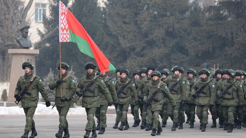 Belarusian servicemen take part in a ceremony in Almaty, Kazakhstan, Jan. 13, 2022, marking the beginning of the withdrawal of peacekeeping troops of the Collective Security Treaty Organization. Kazakh President Kassym-Jomart Tokayev had summoned the troops Jan. 2 to help quell riots that he branded a coup. (CNS photo/Pavel Mikheyev, Reuters)