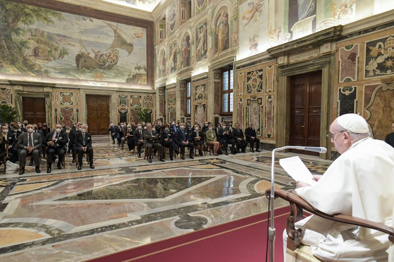 Pope Francis speaks during an audience with participants attending a meeting of the International Catholic Media Consortium on COVID-19 Vaccines, in the Clementine Hall at the Vatican Jan. 28, 2022. (CNS photo/Vatican Media)