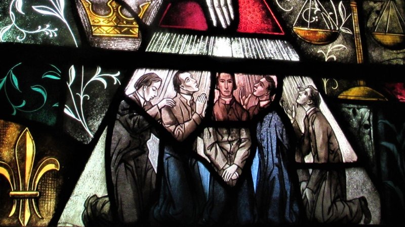 Stained glass window dedicated to the five priests who died during the 1873 yellow fever pandemic in St. John Berchmans Cathedral, Shreveport, Louisiana. (Shreveport Martyrs Facebook Page via Crux)