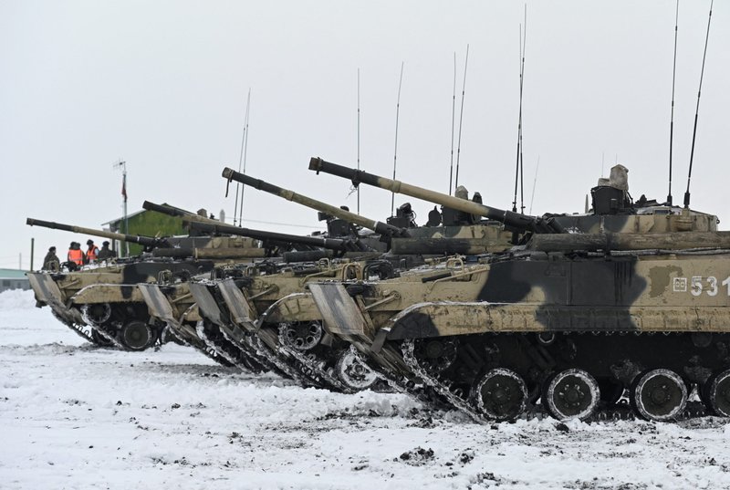Russian armored vehicles are seen during drills in Rostov, Russia, Jan. 27, 2022. Lithuanian Archbishop Gintaras Gruas said neighboring nations best understand the current threat from Russia and urged the West to maintain "firm deterrence" against current aggression. (CNS photo/Sergey Pivovarov, Reuters)