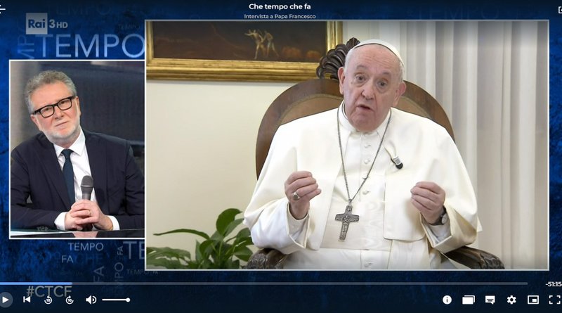 Pope Francis is pictured during an interview with Fabio Fazio on the popular Italian talk show, "Che Tempo Che Fa," in this screen capture from the Feb. 6, 2022, program televised by the Italian national broadcaster, RAI. (CNS photo/RAI)