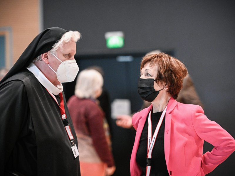 Bendictine Sister Philippa Rath and theologian Agnes Wuckelt, deputy federal president of the Catholic Women's Association of Germany, talk during a break at the third Synodal Assembly in Frankfurt Feb. 4, 2021. (CNS photo/Julia Steinbrecht, KNA)