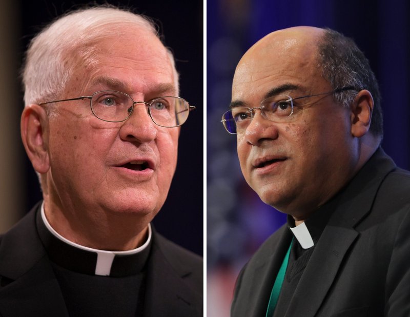 Archbishop Joseph E. Kurtz of Louisville, Ky., left, and Bishop Shelton J. Fabre of Houma-Thibodaux, La., are seen in this composite photo. Pope Francis accepted the resignation of Archbishop Kurtz Feb. 8, 2022, who is 75, the age at which canon law requires bishops to turn in their resignation to the pope, and named Bishop Fabre to succeed him. (CNS composite; photos by Tyler Orsburn and Bob Roller)