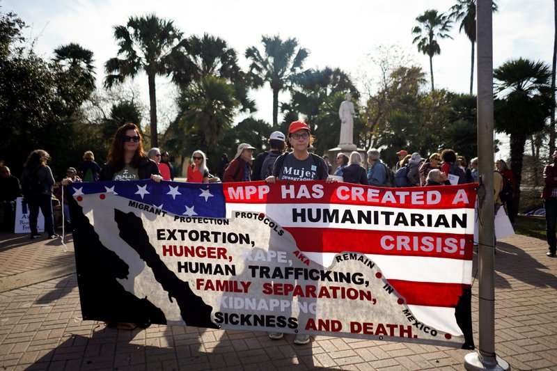 Demonstrators outside a U.S. Customs and Border Protection building in Brownsville, Texas, protest Migrant Protection Protocols, or MPP, Jan. 12, 2020. (CNS photo/Go Nakamura, Reuters)