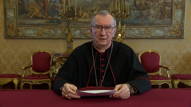 Cardinal Pietro Parolin, Vatican secretary of state, speaks in a message pleading for an end to the hostilities in Ukraine, in this still image taken from video released by the Vatican Feb. 24, 2022. Russian President Vladimir Putin on Feb. 24 launched a wide-ranging attack on cities across Ukraine. (CNS photo/Vatican Media)