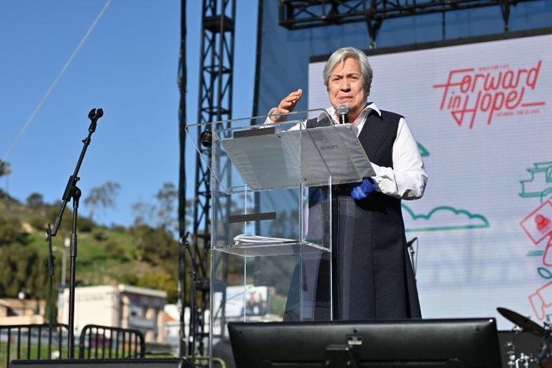 Sister Norma Pimentel gives a keynote address at the 2022 OneLife LA event. (Simon Kim)