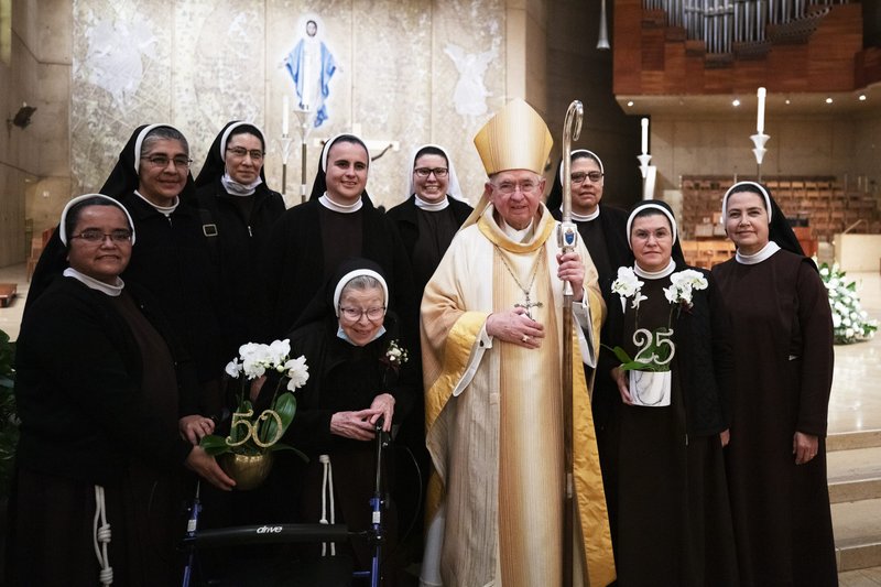 Fifty- and 25-year jubilarians of the Franciscan Sisters of the Immaculate Conception with Archbishop Gomez after Mass. The order is marking 50 years of presence in the Archdiocese of Los Angeles this year. (Victor Alemán)