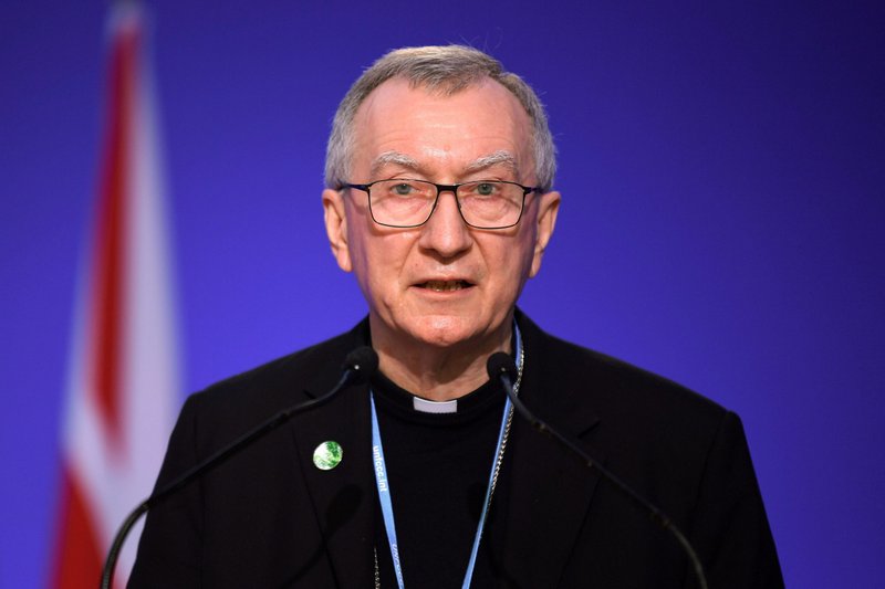 Cardinal Pietro Parolin, Vatican secretary of state, addresses the U.N. Climate Change Conference in Glasgow, Scotland, in this Nov. 2, 2021, file photo. Russian authorities released a statement March 8 saying that Russian Foreign Minister Sergey Lavrov spoke over the phone with Cardinal Parolin about the ongoing hostilities in Ukraine. (CNS photo/Daniel Leal-Olivas, Reuters pool)