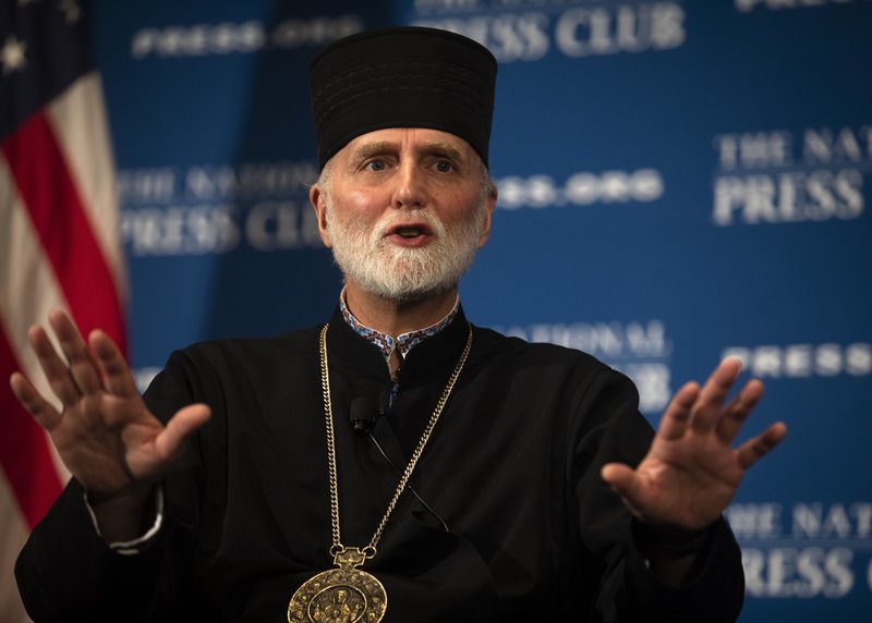 Archbishop Borys Gudziak of the Ukrainian Catholic Archeparchy of Philadelphia delivers remarks at the National Press Club in Washington March 15, 2022, about the war in Ukraine. (CNS photo/Tyler Orsburn)