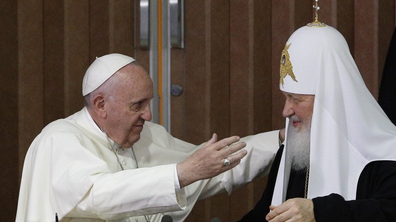 Pope Francis prepares to embrace Russian Orthodox Patriarch Kirill of Moscow after the leaders signed a joint declaration during a meeting at Jose Marti International Airport in Havana Feb. 12, 2016. (CNS photo/Paul Haring)
