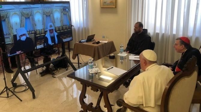 Pope Francis takes part in a video call with Patriarch Kirill on March 16, 2022. (Vatican Media via CNA)