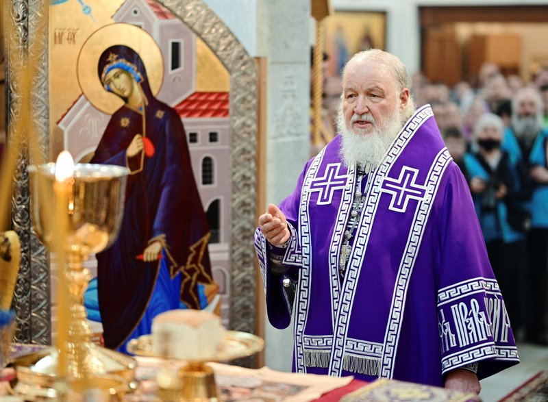 Russian Orthodox Patriarch Kirill of Moscow leads a cathedral consecration service in Moscow April 10, 2022. (CNS photo/Oleg Varaov, Patriarchal Press Service handout via Reuters)