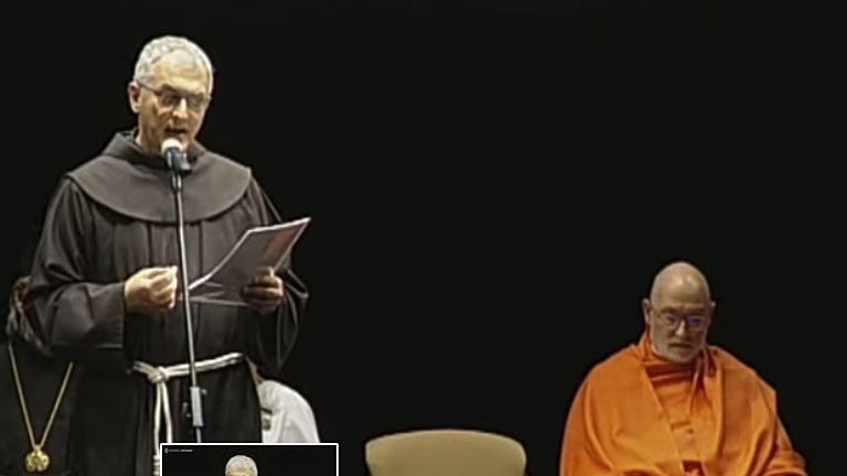 Father Massimo Fusarelli, minister general of the Franciscans, speaks during an interfaith meeting in Chernivtsi, Ukraine, April 12, 2022. In a message to the meeting, Pope Francis said that in Russia's war on Ukraine, the "forces of evil" are at work. (CNS screenshot/YouTube)
