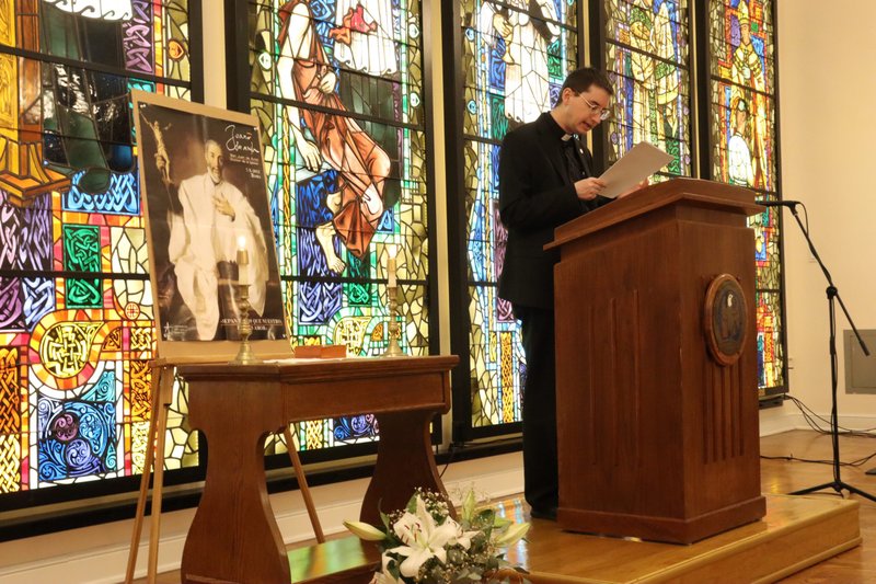Father Carlos Jesus Gallardo, a priest from the Diocese of Cordoba, Spain, delivers the St. Junipero Serra Lecture at St. John's Seminary in Camarillo on March 22, 2022. (Father Gustavo Castillo)