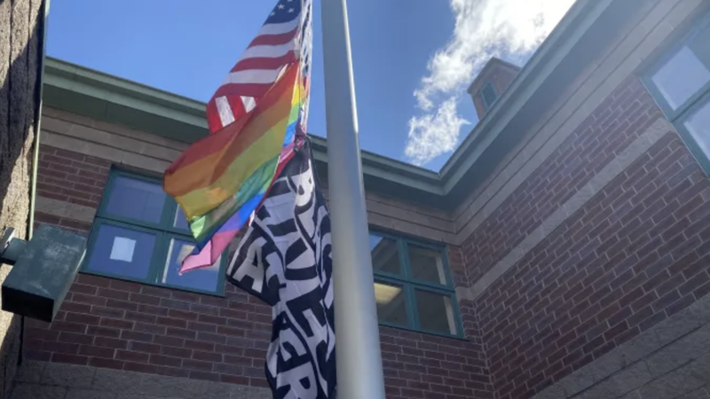 American, gay pride, and BLM flags being flown at Nativity School of Worcester in Worcester, Mass. (Joe Bukuras/CNA)