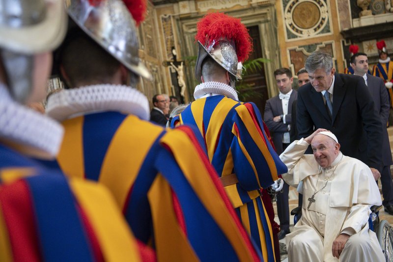Pope Francis meets with new members of the Swiss Guard ahead of their swearing-in ceremony at the Vatican May 6, 2022. (CNS photo/Vatican Media)