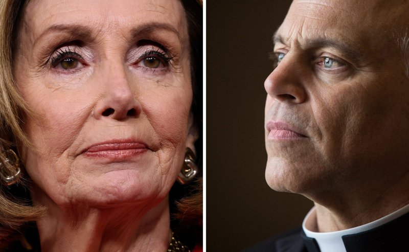 House Speaker Nancy Pelosi, D-Calif., and San Francisco Archbishop Salvatore J. Cordileone are seen in this composite photo. (CNS composite/Evelyn Hockstein, Reuters, and Lisa Johnston, St. Louis Review)