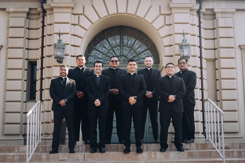 The eight transitional deacons to be ordained to the priesthood on June 4, 2022, pictured at St. John's Seminary in Camarillo. (Peter Lobato)