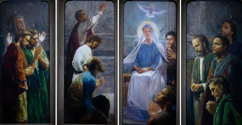 This composite photo shows Sulpician Father Peter W. Gray's artwork "Pentecost" in the chapel at the Theological College in Washington March 17, 2022. (CNS composite; photos by Tyler Orsburn)