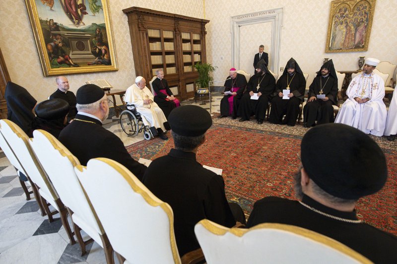 Pope Francis leads an audience with young priests and monks from Oriental Orthodox churches at the Vatican June 3, 2022. In his address the pope said Christians are called to bear witness to Christ together and never "against" one another. (CNS photo/Vatican Media)