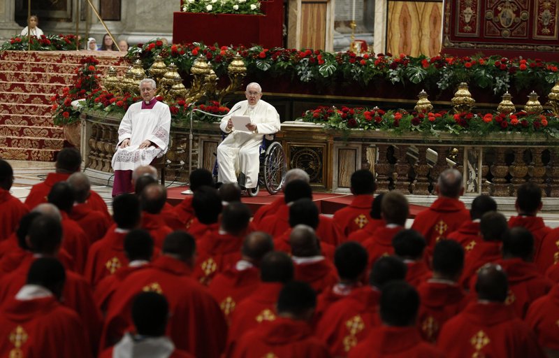 Pope Francis gives the homily as he participates in Mass for the feast of Pentecost in St. Peter's Basilica at the Vatican June 5, 2022. The Mass was celebrated by Cardinal Giovanni Battista Re, who has substituted as the main celebrant on a few occasions when the pope has had health problems. (CNS photo/Paul Haring)
