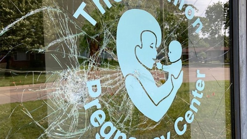 Vandals smashed nearly a dozen windows and spray-painted messages on the side of the building housing the Lennon Pregnancy Center in Dearborn Heights, Mich., June 20, 2022. (CNS screen grab/Facebook, Lennon Pregnancy Center)