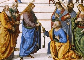 Jesus presents the Keys of the kingdom to Saint Peter (detail from a painting by Pietro Perugino, 1481/82). (Wikipedia)