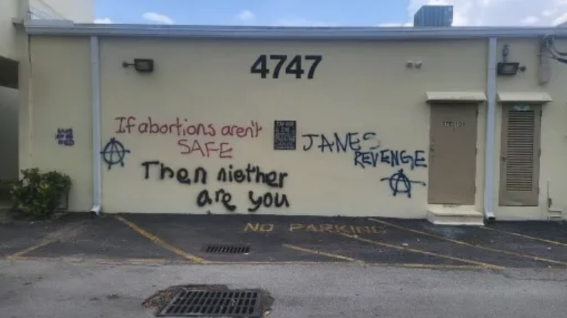 A pro-life pregnancy center in Hollywood, Florida, was defaced with pro-abortion graffiti over Memorial Day Weekend 2022. (Courtesy of Dr. Grazie Pozo Christie via CNA)