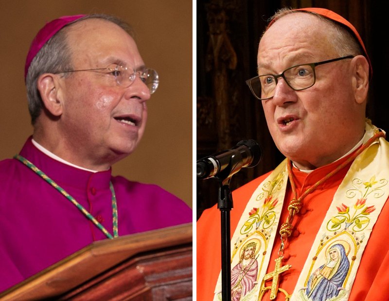 Baltimore Archbishop William E. Lori and New York Cardinal Timothy M. Dolan are seen in this composite photo. (CNS composite; photos by Knights of Columbus and Gregory A. Shemitz)