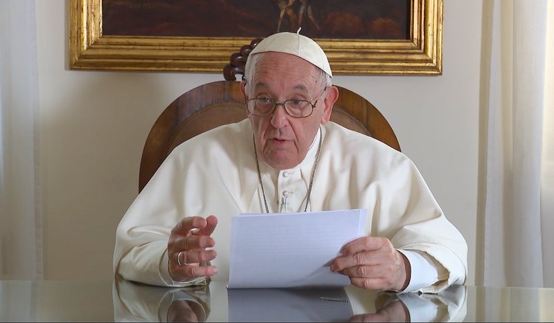 Pope Francis addresses the people of Congo and South Sudan in a video released July 2, 2022. Pope Francis was to have visited the two countries in early July, but was forced to postpone the trip because of problems with his knee. (CNS screen grab/Vatican Media)
