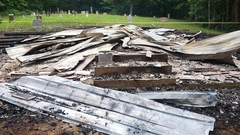 All that remains of St. Colman Church in Dillon, W.Va., on Irish Mountain in Raleigh County, is seen June 27, 2022, after it was found burned to the ground June 26. (CNS photo/courtesy Beaver Volunteer Fire)