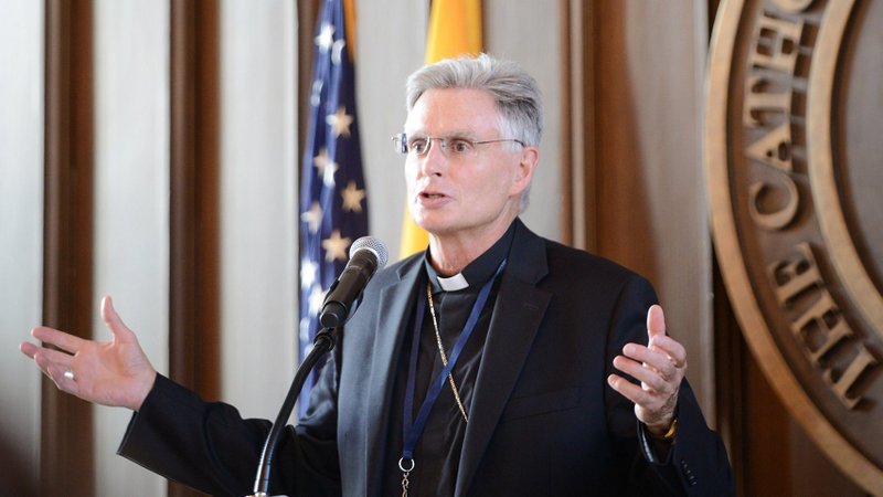 Bishop Thomas A. Daly of Spokane, Wash., chairman of the U.S. bishops' Committee on Catholic Education, delivers a keynote address July 11, 2022, during the 10th annual national conference of the Institute for Catholic Liberal Education July 11-14 at The Catholic University of America in Washington.(CNS photo/Sagra Alvarado-Hardy, courtesy The Catholic University of America)