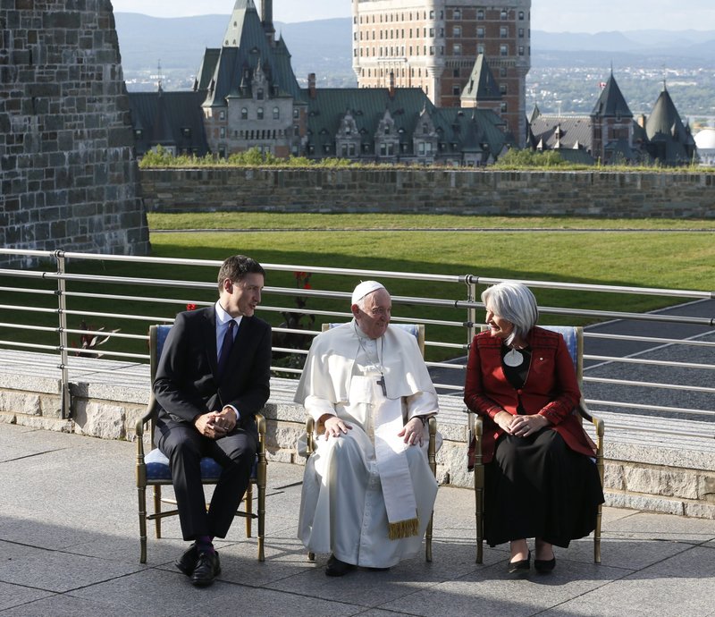 Pope Francis talks with Canadian Prime Minister Justin Trudeau and Mary Simon, governor general of Canada, at Citadelle de Quebec, the residence of the governor general in Quebec City July 27, 2022. (CNS photo/Paul Haring)