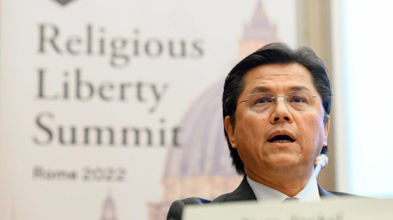Nury Turkel speaks on the Protecting Religious Minorities panel at the 2022 Notre Dame Law School Religious Liberty Summit in Rome. (Matt Cashore/University of Notre Dame via Crux)