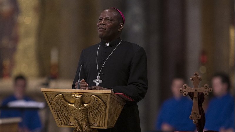 Bishop Oliver Dashe Doeme of Maiduguri, Nigeria, gives a testimony about Christian persecution Nov. 28, 2018, during a vespers service in the Crypt Church at the Basilica of the National Shrine of the Immaculate Conception in Washington. (CNS photo/Tyler Orsburn)