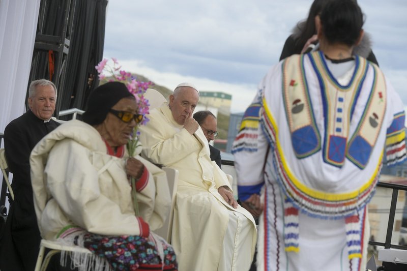 Pope Francis leads a meeting with young people and elders outside the primary school in Iqaluit in the Canadian territory of Nunavut July 29, 2022. (CNS photo/Vatican Media)
