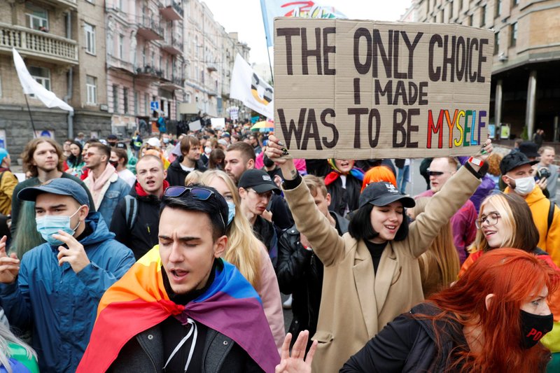 Participants attend the Equality March, organized by the LGBT+ community in Kyiv, Ukraine, Sept. 19, 2021. In a rare disagreement with President Volodymyr Zelenskyy's government, Ukrainian churches have criticized ratification of a Council of Europe Convention on combating violence against women, warning it risks imposing "gender ideology" on their war-torn country. (CNS photo/Valentyn Ogirenko, Reuters)