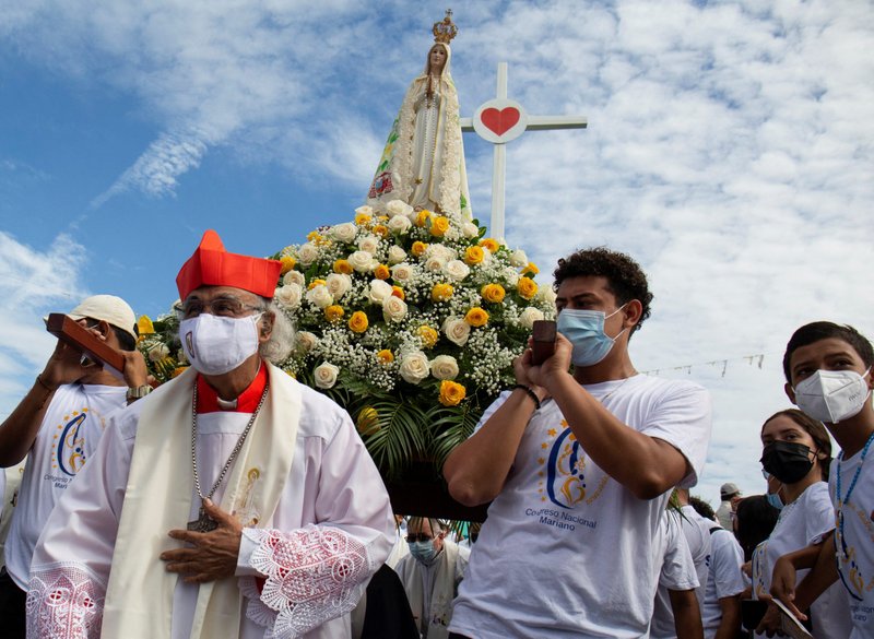 Nicaraguan Cardinal Leopoldo Brenes Solórzano of Managua leads a Marian event in the atrium of the Metropolitan Cathedral in Managua Aug. 13, 2022, after police banned a Catholic procession and pilgrimage in the capital citing internal security reasons. (CNS photo/Maynor Valenzuela, Reuters)