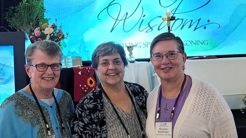 The 2022-2023 presidential team of the Leadership Conference of Women Religious includes, from left, Sister Jane Herb, past president, a member of the Sisters, Servants of the Immaculate Heart of Mary; Sister Rebecca Ann Gemma, president, of the Dominican Sisters of Springfield, Ill; and Sister Maureen Geary, president-elect, of the Dominican Sisters of Grand Rapids, Mich. (CNS photo/Gail DeGeorge)