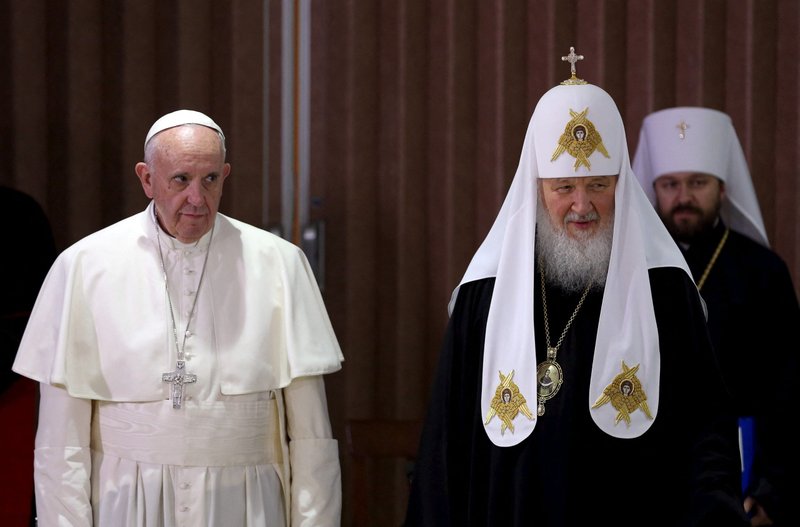 Pope Francis and Russian Orthodox Patriarch Kirill stand together after a meeting in Havana in this Feb. 12, 2016, file photo. The pope is scheduled to visit Kazakhstan Sept. 13-15 to attend the Congress of World and Traditional Religions, at which he plans to meet with Patriarch Kirill. (CNS photo/Alejandro Ernesto, Reuters pool)