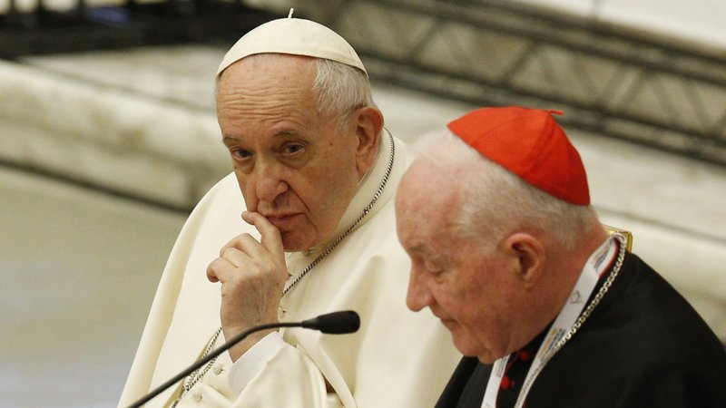 Pope Francis looks on as Cardinal Marc Ouellet, prefect of the Congregation for Bishops, speaks at the start of a symposium on priesthood at the Vatican in this Feb. 17, 2022, file photo. The Vatican press office, in an Aug. 18 statement, said the pope decided that there was not sufficient evidence to open canonical proceedings against Cardinal Ouellet for alleged sexual assault.(CNS photo/Paul Haring)