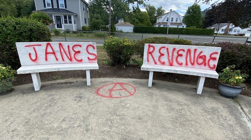 Vandalism is seen near Bethlehem House, a pregnancy center in Easthampton, Mass., Aug. 18, 2022. Vandals spray-painted "Jane's Revenge," on benches located outside the building and the message, "If abortion isn't safe, neither are you." (CNS photo/Carolee McGrath, Diocese of Springfield)