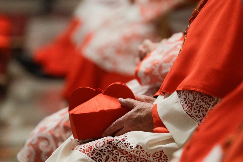 A cardinal holds his biretta as Pope Francis celebrates Mass with new cardinals in St. Peter's Basilica at the Vatican in this Nov. 29, 2020, file photo. The pope will create 20 new cardinals at an Aug. 27 consistory, further placing his mark on the College of Cardinals that will one day elect his successor. (CNS photo/Gregorio Borgia, Reuters pool)