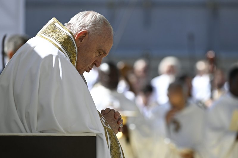 Pope Francis celebrates Mass outside the Basilica of Santa Maria di Collemaggio in L'Aquila, Italy, Aug. 28, 2022. (CNS photo/Vatican Media)