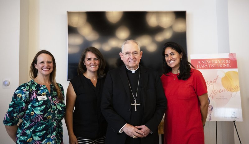 Left to right: Harvest Home Chair Amy Adams, Harvest Home Executive Director Sarah Wilson, Archbishop Gomez, Miranda Vatterott. (Victor Alemán)